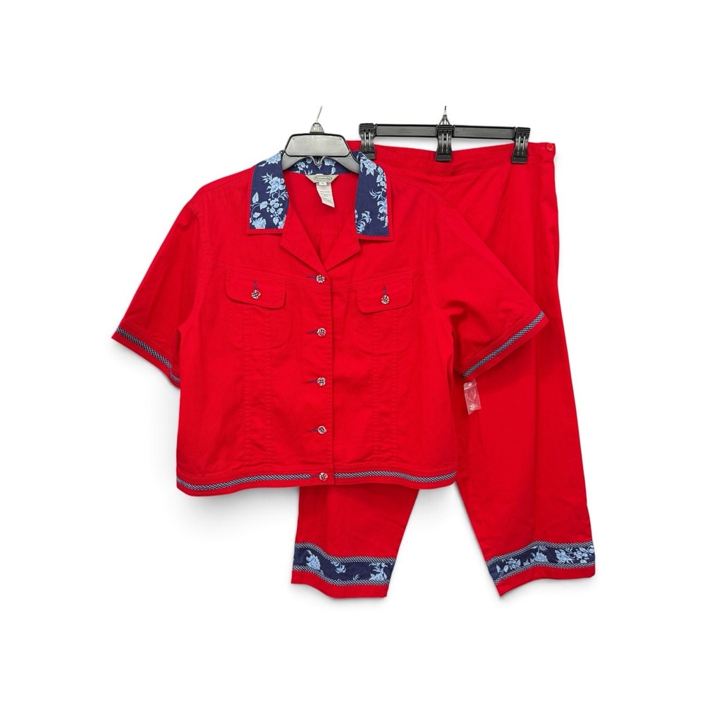 Stonebridge Womens 2 Piece Red Capri Pants Set Size 14 Jacket XL NWT Cotton Y2K